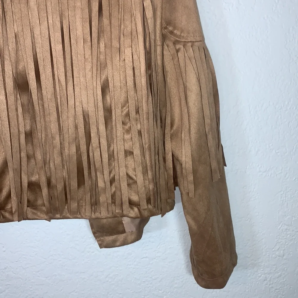 Brown Fringe Faux Suede Leather Cowboy Style Long Sleeve Coat - Picture 9 of 14